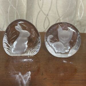 Zajecar Yugoslavia Crystal Animal Figurine Paperweight Set - Rabbit and Cat